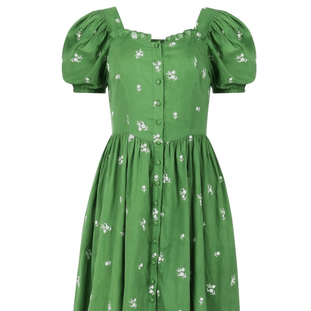 JessaKae Juniper Dress 4X Kelly Green Cotton White Embroidery Pockets Smocked